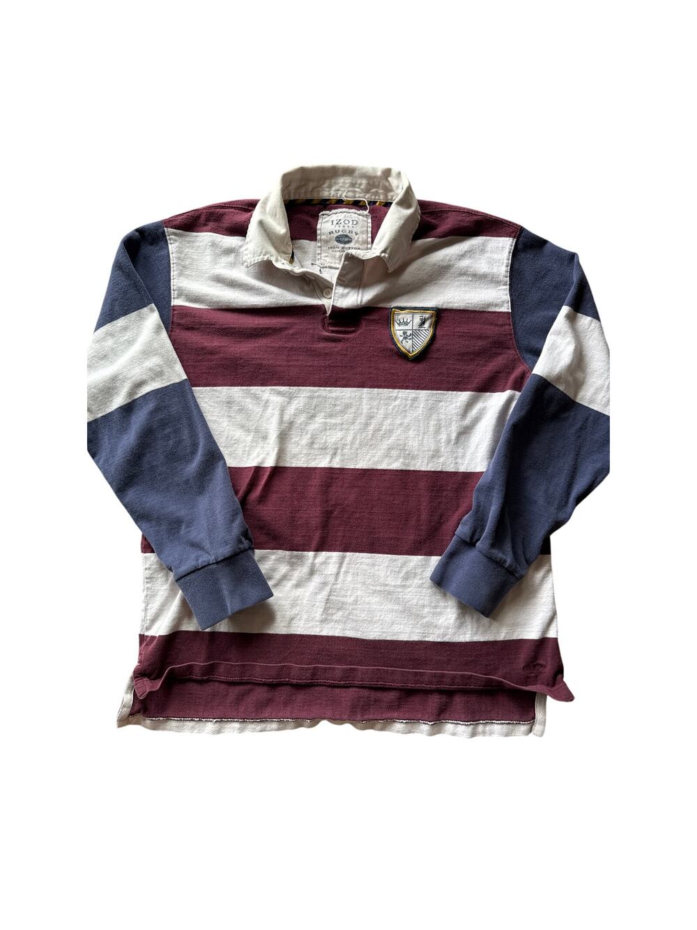 Vintage Izod Jeans Rugby Maroon White Navy Horizontal Striped Large Rugby